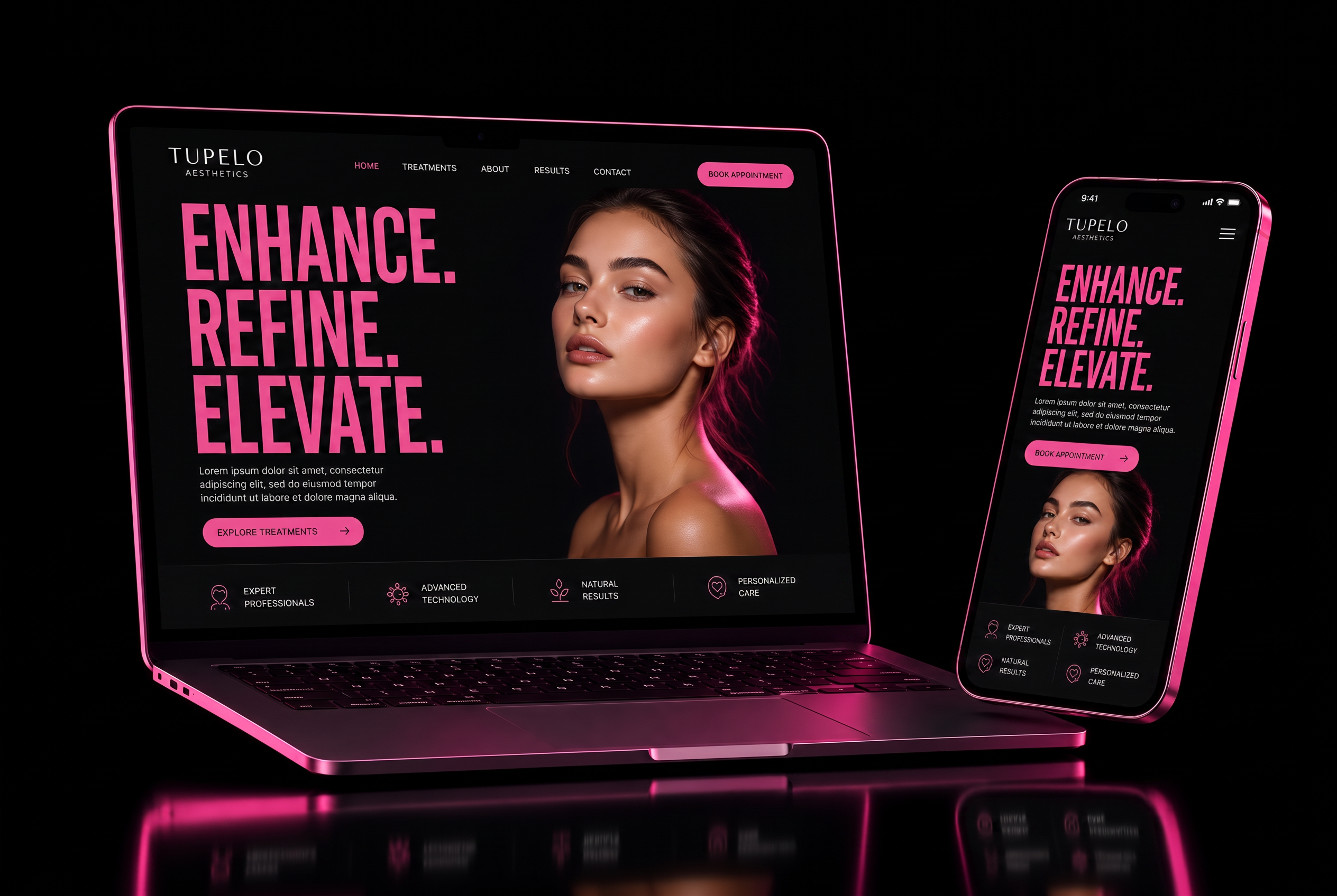The website shown on a laptop and phone in a dark, glossy studio setting